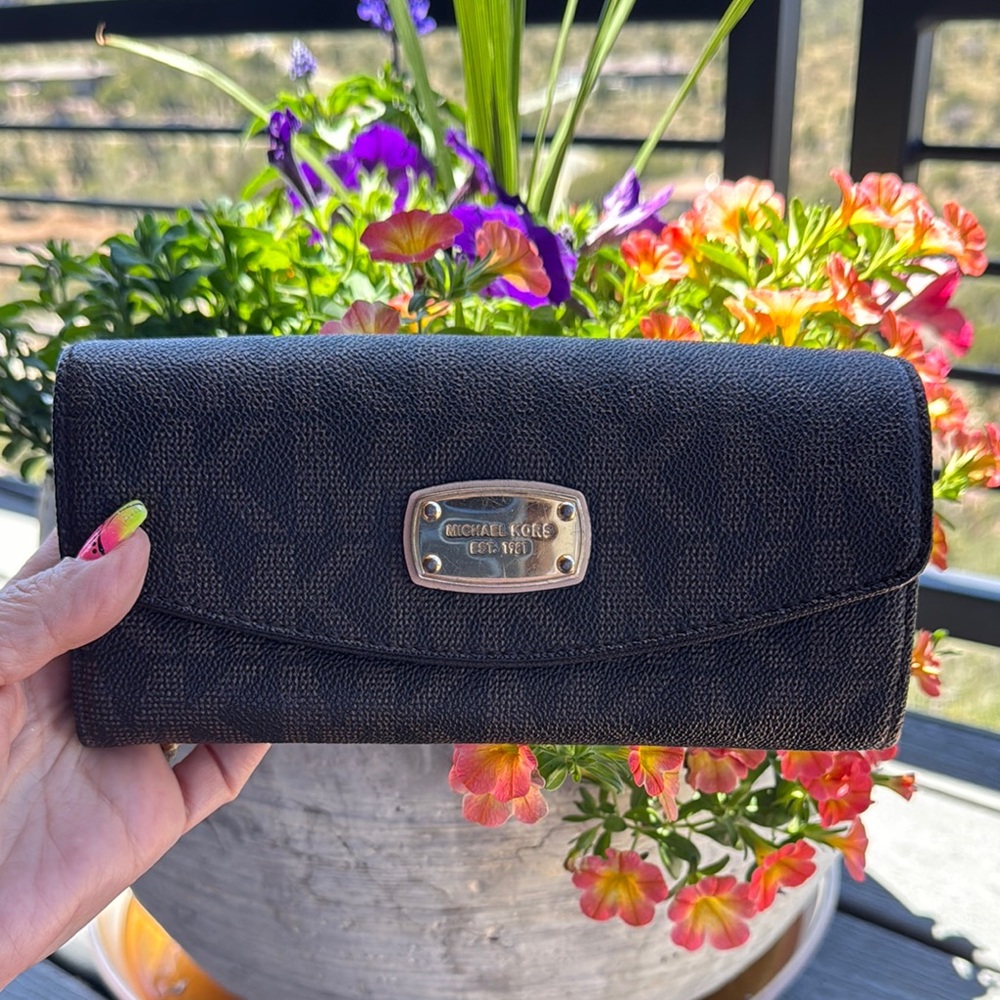 Michael Kors Black Signature Front Snap Wallet with Gold Accents